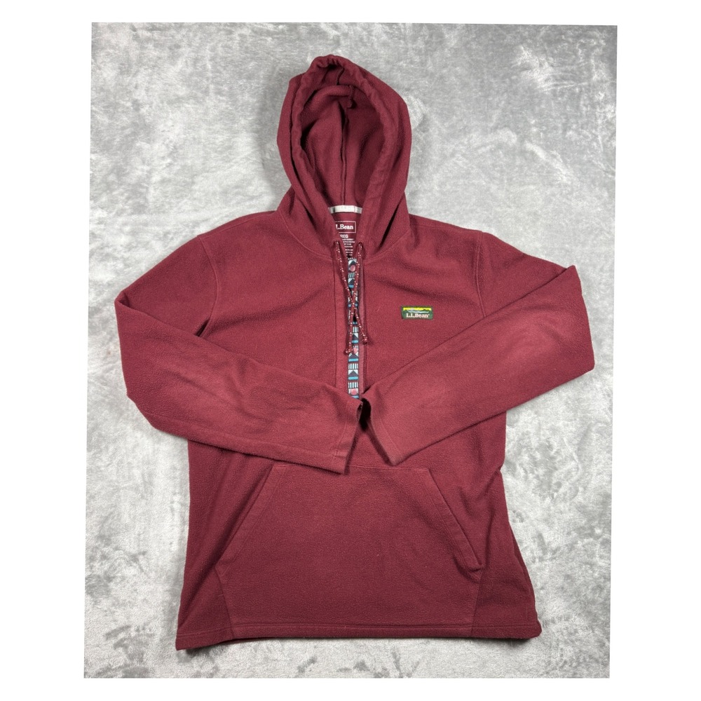 LL Bean Womens Fleece Pullover‎ Hoodie Small Red Aztec Trim 1/4 Snap